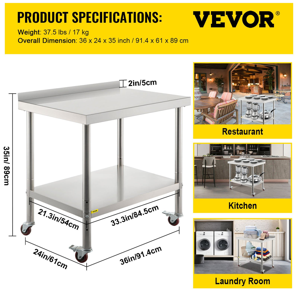 Stainless Steel Prep Table, 36 x 24 x 35 Inch, 440lbs Load Capacity Heavy Duty Metal Worktable with Backsplash Adjustable Undershelf & 4 Casters, Commercial Workstation for Kitchen Restaurant