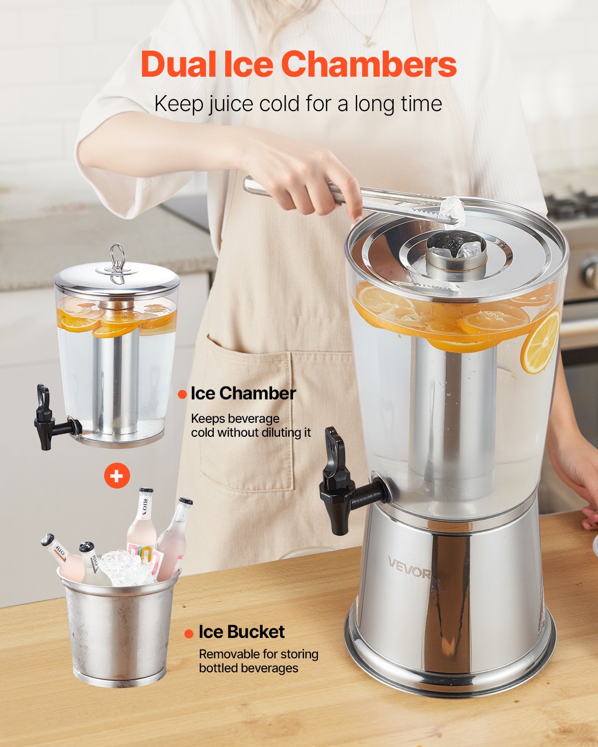 Dryckesdispenser, 8L dryckesdispenser för fester, juicedispensrar i rostfritt stål + plast med kran och isbehållare, iste-citronjuice-vattendispensrar, för restauranger, hotell