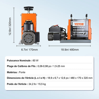 Automatic Wire Stripping Machine, 1.5mm-25mm Electric Motorized Cable Stripper, 60 W, Wire Peeler with Visible Stripping Depth Reference, 6 Round & 1 Flat Channels for Scrap Copper Recycling