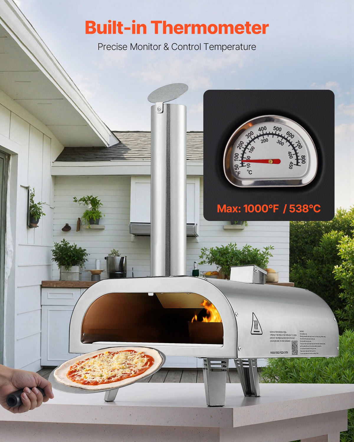 Pizzaugn för utomhusbruk, 12" pelletspizzaugn, bärbar pizzaugn med inbyggd termometer, vedeldad pizzamaskin i rostfritt stål, för trädgården, camping, pizzasten, spade, bärväska, silver