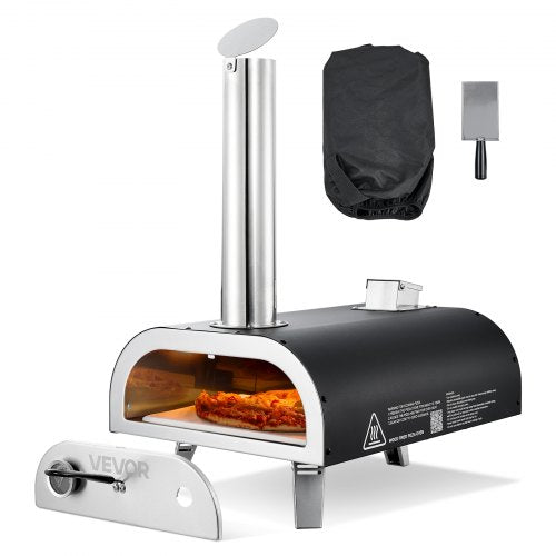 Utomhuspizzaugn, 12 tums vedeldad pizzaugn, pelletspizzaugn med termometer, bärbar pizzamaskin för utomhuscamping, bakgård, uteplats, pizzasten, bärväska, spade, svart