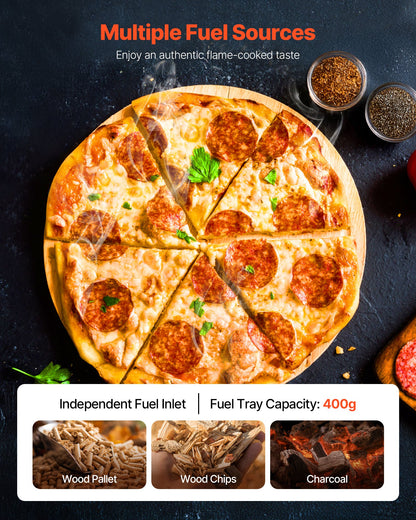 Utomhuspizzaugn, 12 tums vedeldad pizzaugn, pelletspizzaugn med termometer, bärbar pizzamaskin för utomhuscamping, bakgård, uteplats, pizzasten, bärväska, spade, svart