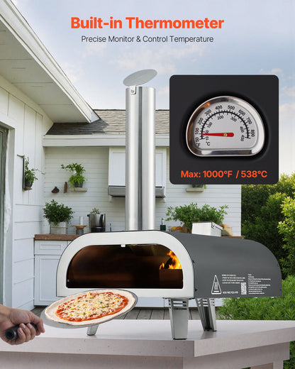 Utomhuspizzaugn, 12 tums vedeldad pizzaugn, pelletspizzaugn med termometer, bärbar pizzamaskin för utomhuscamping, bakgård, uteplats, pizzasten, bärväska, spade, svart