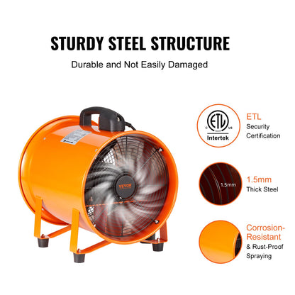 Bärbar fläkt, 203,2 mm kraftig cylinderfläkt med 10 m slang, 145 W kraftfull verkstadsfläkt 1020 CFM, industriell fläkt för att suga damm, rök, rök hem/arbetsplats