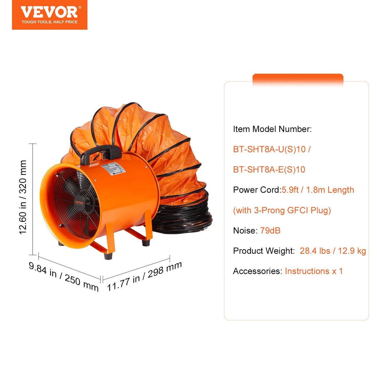 Bärbar fläkt, 203,2 mm kraftig cylinderfläkt med 10 m slang, 145 W kraftfull verkstadsfläkt 1020 CFM, industriell fläkt för att suga damm, rök, rök hem/arbetsplats