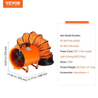Portable Ventilator, 254mm Heavy Duty Cylinder Fan with 5m Duct Hose, 255W Strong Shop Exhaust Blower 1720CFM, Industrial Utility Blower for Sucking Dust, Smoke, Smoke Home/Workplace