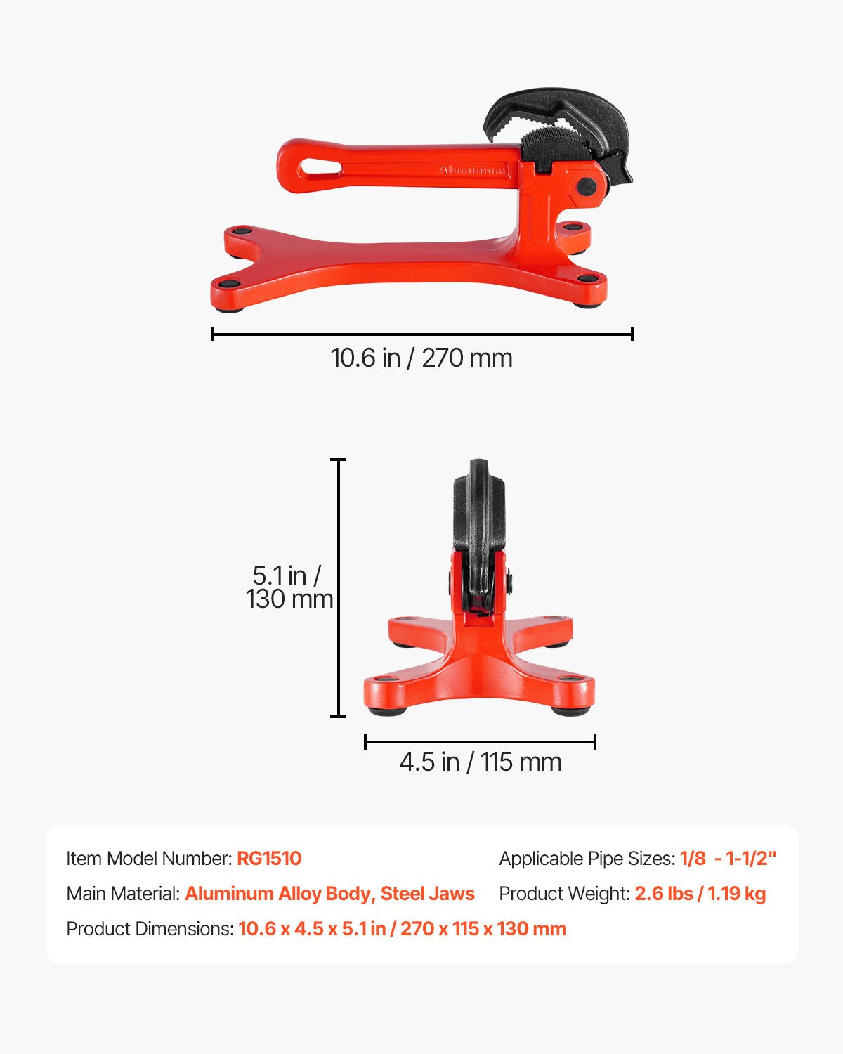 Portable Pipe Vise, Lightweight Aluminum Pipe Vise with 1/8" to 1-1/2" Clamping Capacity, Ideal for Onsite Plumbing Installation, Repair, and Maintenance