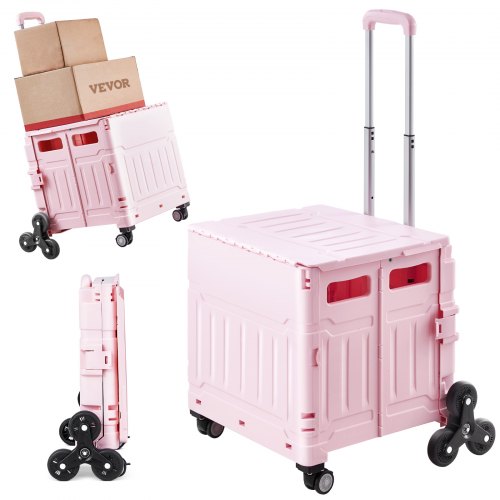 Hopfällbar verktygsvagn, 65L hopfällbar bärbar rullvagn med trapphjul och 360° svängbara hjul, handvagn med teleskophandtag för shopping, kontor, flyttlärare, rosa