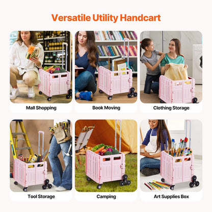 Hopfällbar verktygsvagn, 65L hopfällbar bärbar rullvagn med trapphjul och 360° svängbara hjul, handvagn med teleskophandtag för shopping, kontor, flyttlärare, rosa