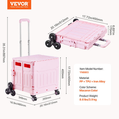 Hopfällbar verktygsvagn, 65L hopfällbar bärbar rullvagn med trapphjul och 360° svängbara hjul, handvagn med teleskophandtag för shopping, kontor, flyttlärare, rosa