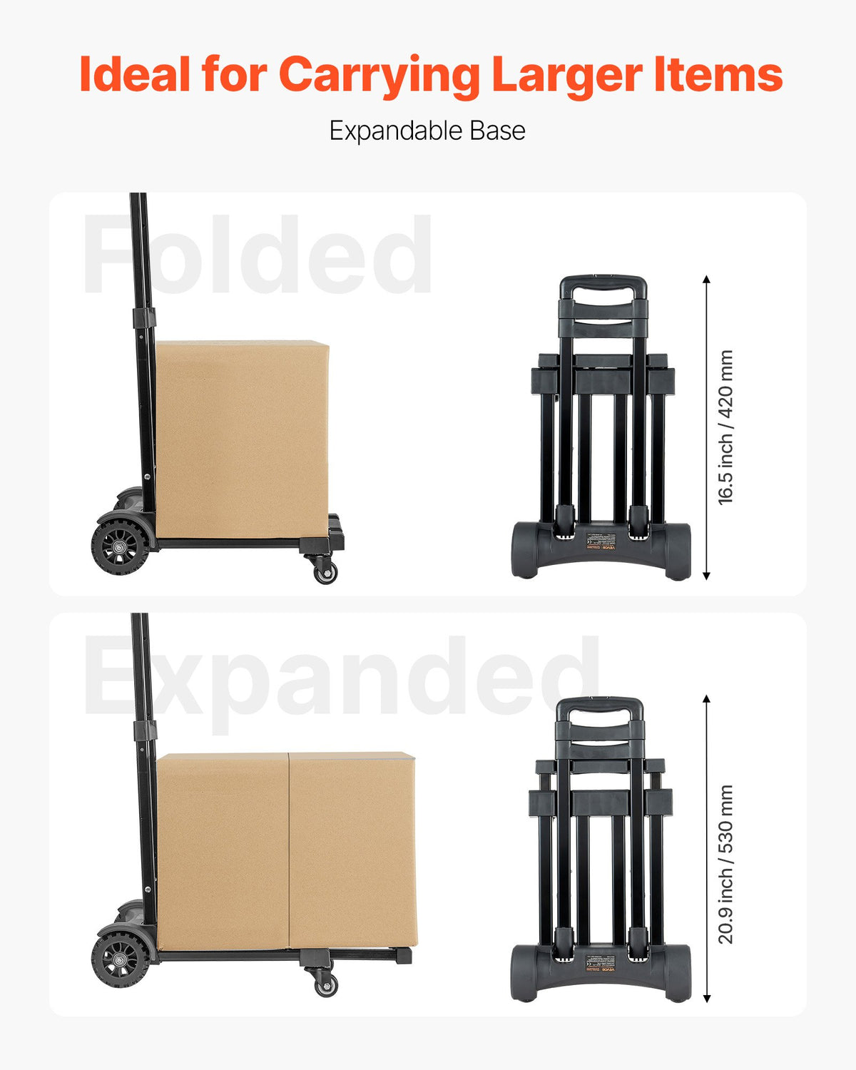 Hopfällbar säckvagn, 131,5 kg lastkapacitet, hopfällbar bagagevagn med 4 hjul, 2 elastiska rep och expanderbar bas, plattformsvagn för flygplatsresor, bagage, kontorsflytt, svart