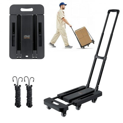 Hopfällbar säckvagn, 226,8 kg lastkapacitet, hopfällbar bagagevagn med 6 hjul, 2 elastiska rep och expanderbar bas, plattformsvagn för flygplatsresor, bagage, kontorsflytt, svart