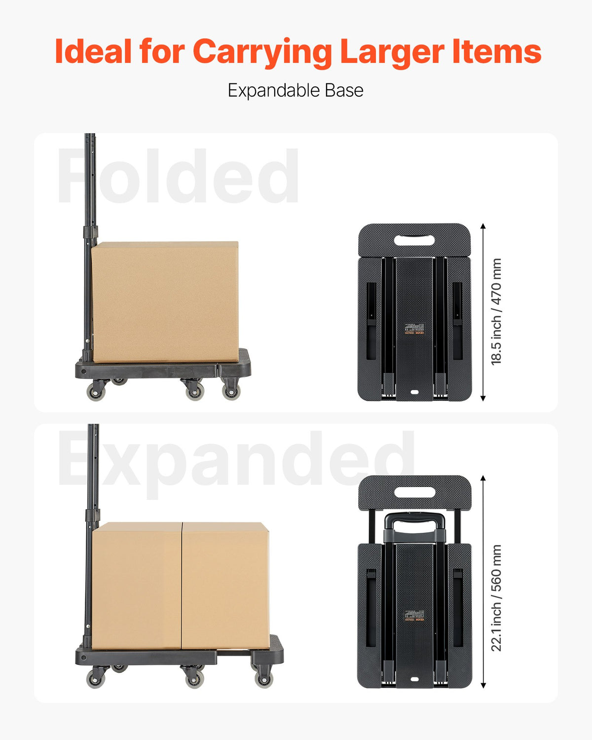 Hopfällbar säckvagn, 226,8 kg lastkapacitet, hopfällbar bagagevagn med 6 hjul, 2 elastiska rep och expanderbar bas, plattformsvagn för flygplatsresor, bagage, kontorsflytt, svart
