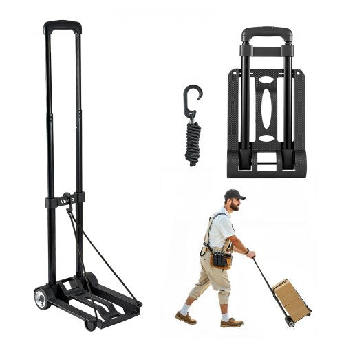 Hopfällbar säckvagn, 49,9 kg lastkapacitet, hopfällbar bagagevagn med 2 hjul och 1 elastiskt rep, plattformsvagn för flygplatsresor, möbler, bagage, kontorsflytt, svart