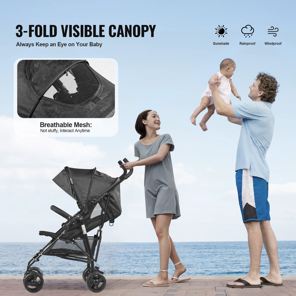 Lightweight Stroller, Compact Easy Fold MultiPosition Recline Canopy Backrest, Carbon Steel Frame, Large Storage Basket,Cup Holder, Umbrella Toddler Baby Stroller for Travel and More, Black