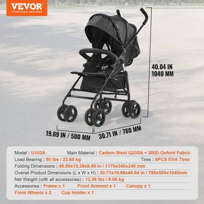 Lightweight Stroller, Compact Easy Fold MultiPosition Recline Canopy Backrest, Carbon Steel Frame, Large Storage Basket,Cup Holder, Umbrella Toddler Baby Stroller for Travel and More, Black