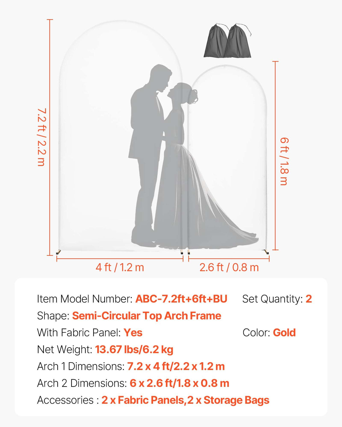 Arch Backdrop Stand, Set of 2, 2.2 m and 1.8 m, Stable Structure, Easy Assembly, Gold Metal Arch Backdrop Stand with Cover for Wedding, Birthday Party, Celebration, and Ceremony Decoration