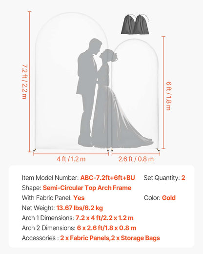 Arch Backdrop Stand, Set of 2, 2.2 m and 1.8 m, Stable Structure, Easy Assembly, Gold Metal Arch Backdrop Stand with Cover for Wedding, Birthday Party, Celebration, and Ceremony Decoration