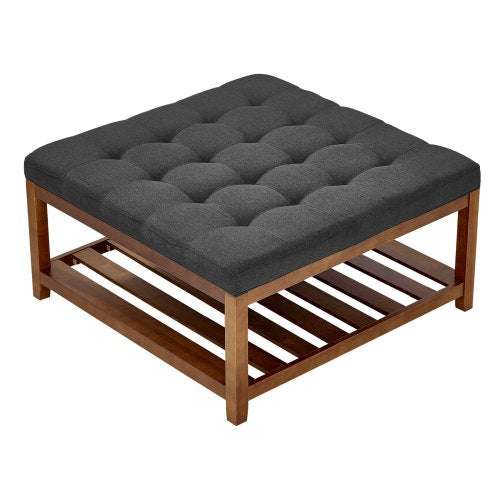 Large Square Ottoman Coffee Table, 34.5 Inch Tufted Coffee Table with Solid Wood Shelf Storage, Linen Solid Upholstered Footrest Ottoman for Bedroom Living Room, 400 LBS, Dark Gray