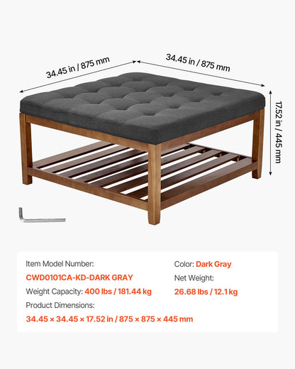 Large Square Ottoman Coffee Table, 34.5 Inch Tufted Coffee Table with Solid Wood Shelf Storage, Linen Solid Upholstered Footrest Ottoman for Bedroom Living Room, 400 LBS, Dark Gray