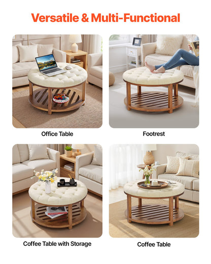 Large Round Ottoman Coffee Table, 81 cm Tufted Coffee Table with Solid Wood Shelf Storage, Linen Solid Upholstered Footrest Ottoman for Bedroom Living Room, 350 LBS, Linen Color