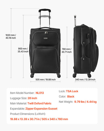 Mjukt expanderbart bagage med spinnhjul, 24 tum / 71 cm mjukt rutigt stort bagage, lätt rutig resväska med expanderbart blixtlåsförsett fack och TSA-lås, svart
