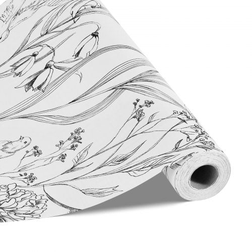 Peel and Stick Wallpaper, 45cm x 10m Contact Paper White Line Art Botanical Floral Waterpoof Self Adhesive, Easy to Clean Wall Decorative Vinyl Roll for Bedroom Kitchen Office Bathroom