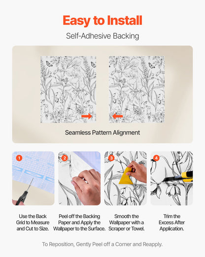 Peel and Stick Wallpaper, 45cm x 10m Contact Paper White Line Art Botanical Floral Waterpoof Self Adhesive, Easy to Clean Wall Decorative Vinyl Roll for Bedroom Kitchen Office Bathroom