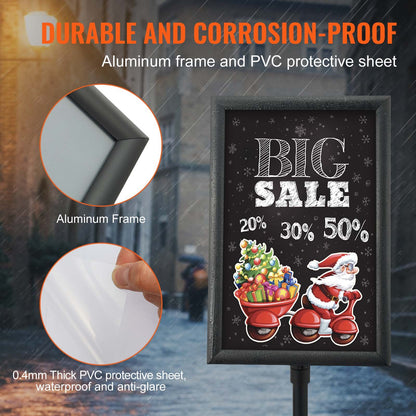 Pedestal Sign Holder, 11 x 17 Inch Vertical and Horizontal Adjustable Poster Stand, Heavy-Duty Floor Standing Sign Holder with Round Base for Display, Advertisement, and Outdoor, Black
