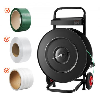 Bandvagn, lämplig för PET/PP/polyesterbandningsrullar med kärnstorlek 20,3/40,6 cm, kraftig bandningsdispenser utrustad med uppgraderat bromssystem, inbyggt rymligt verktygsfack