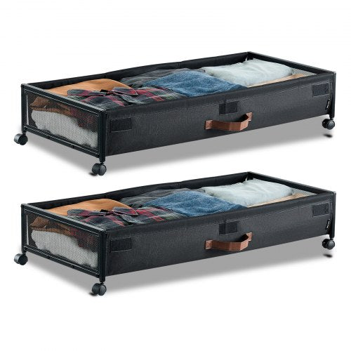 Under Bed Storage with Wheels, 915 x 460 x 185 mm, Underbed Containers with Clear Lid, Underbed Shoe Organizer, Rolling Under the Bed Storage Bins for Clothes, Shoes, Blankets, Bedroom, 2 Pack