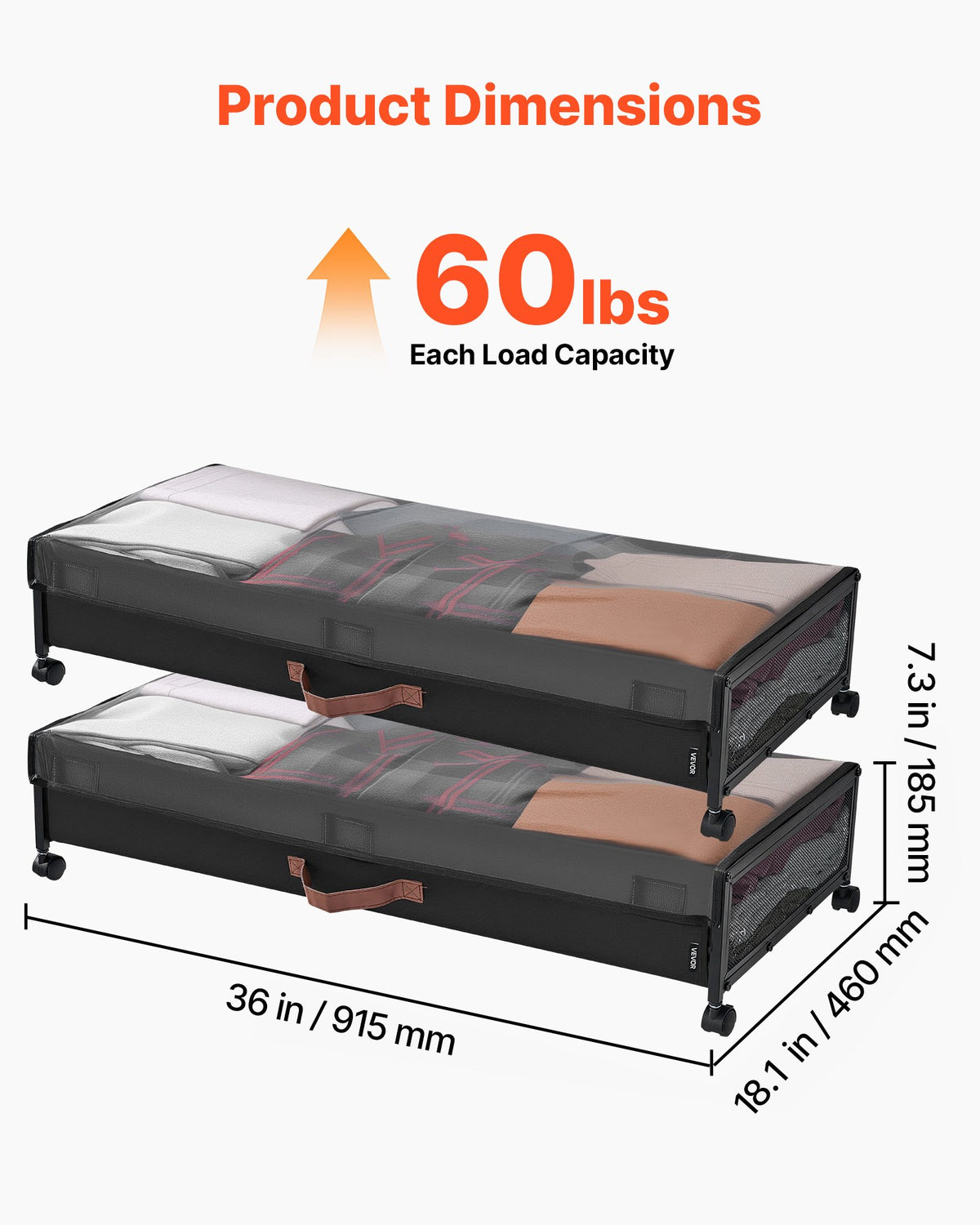 Under Bed Storage with Wheels, 915 x 460 x 185 mm, Underbed Containers with Clear Lid, Underbed Shoe Organizer, Rolling Under the Bed Storage Bins for Clothes, Shoes, Blankets, Bedroom, 2 Pack