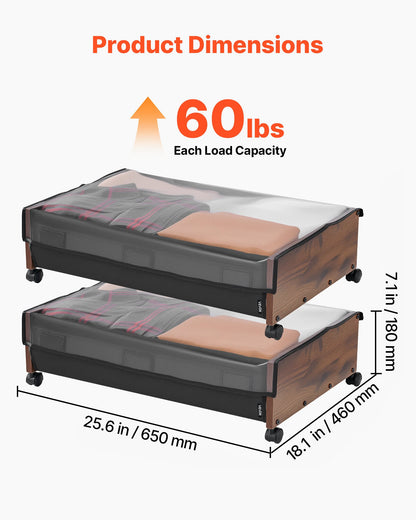 Förvaring under sängen med hjul, 650 x 460 x 180 mm behållare under sängen, skolåda under sängen med låsbara hjul, rullbara förvaringsfack för kläder, skor, filtar, 2-pack