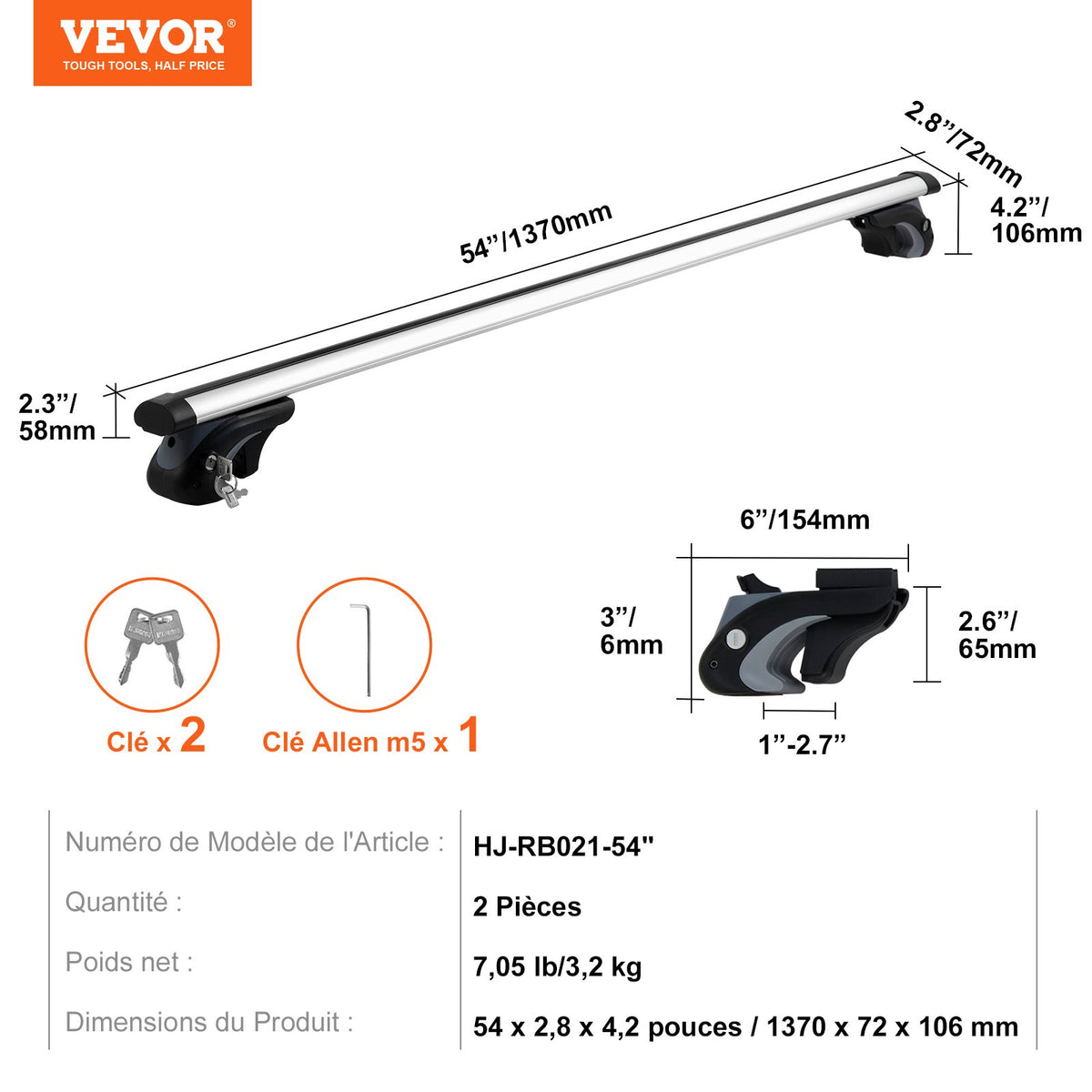 Universal Roof Rack Cross Bars, 137.2cm Aluminum Roof Rack Crossbars, Fit Existing Raised Side Rail with Gap, 90.7kg Load Capacity, Adjustable Crossbars with Locks, for SUVs, Sedans, and Vans