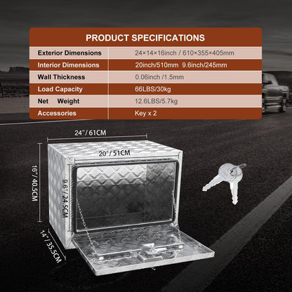 Underrede för lastbil, 61 x 35,6 x 40,6 cm förvaringslåda för pickuper, kraftig verktygslåda i diamantplåt i aluminium med lås och nycklar, vattentät förvaringslåda för släpvagn med T-handtag för lastbil, skåpbil, släpvagn