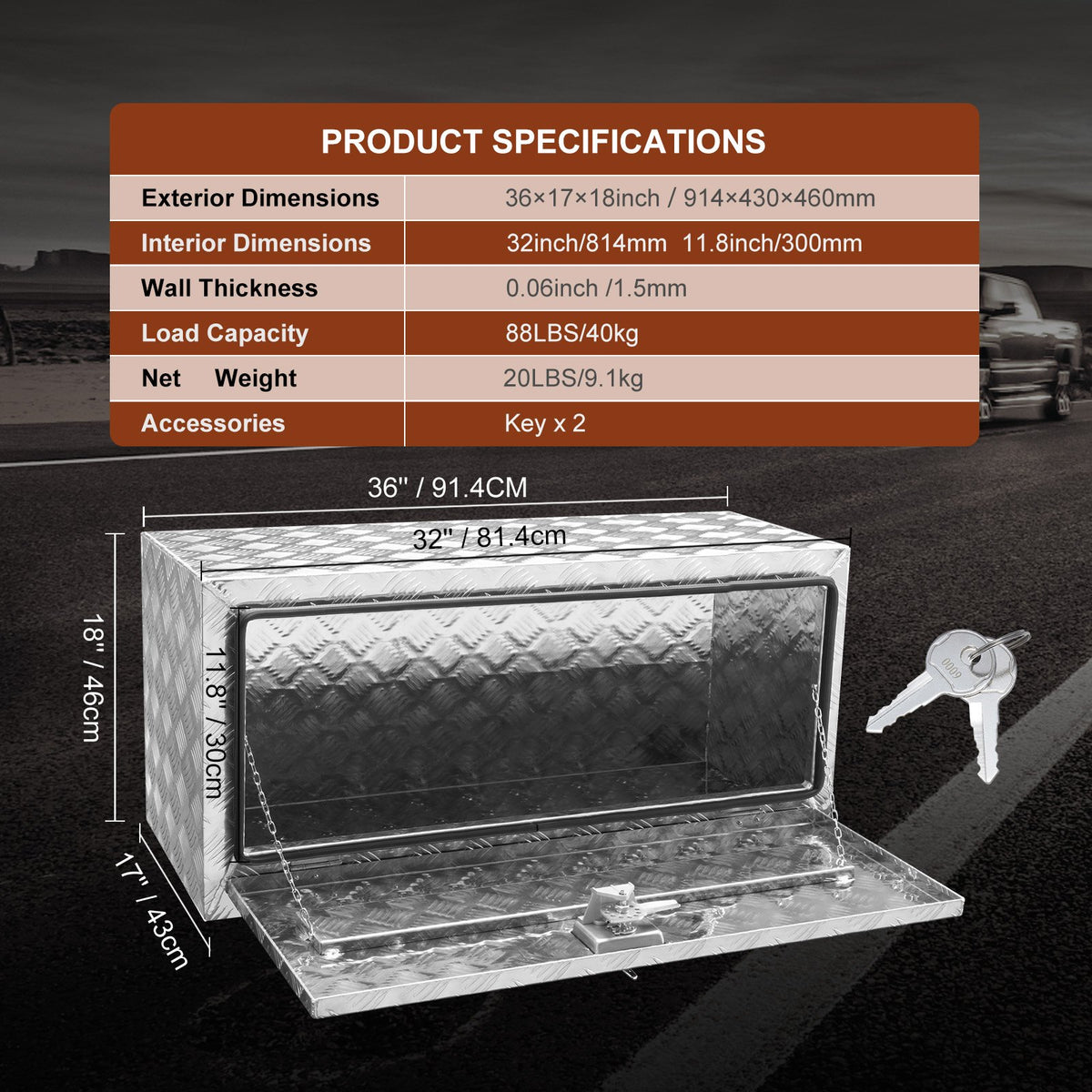 Underrede för lastbil, 914 x 430 x 460 mm förvaringslåda för pickuper, kraftig verktygslåda i diamantplåt i aluminium med lås och nycklar, vattentät förvaringslåda för släpvagn med T-handtag för lastbil, skåpbil, släpvagn
