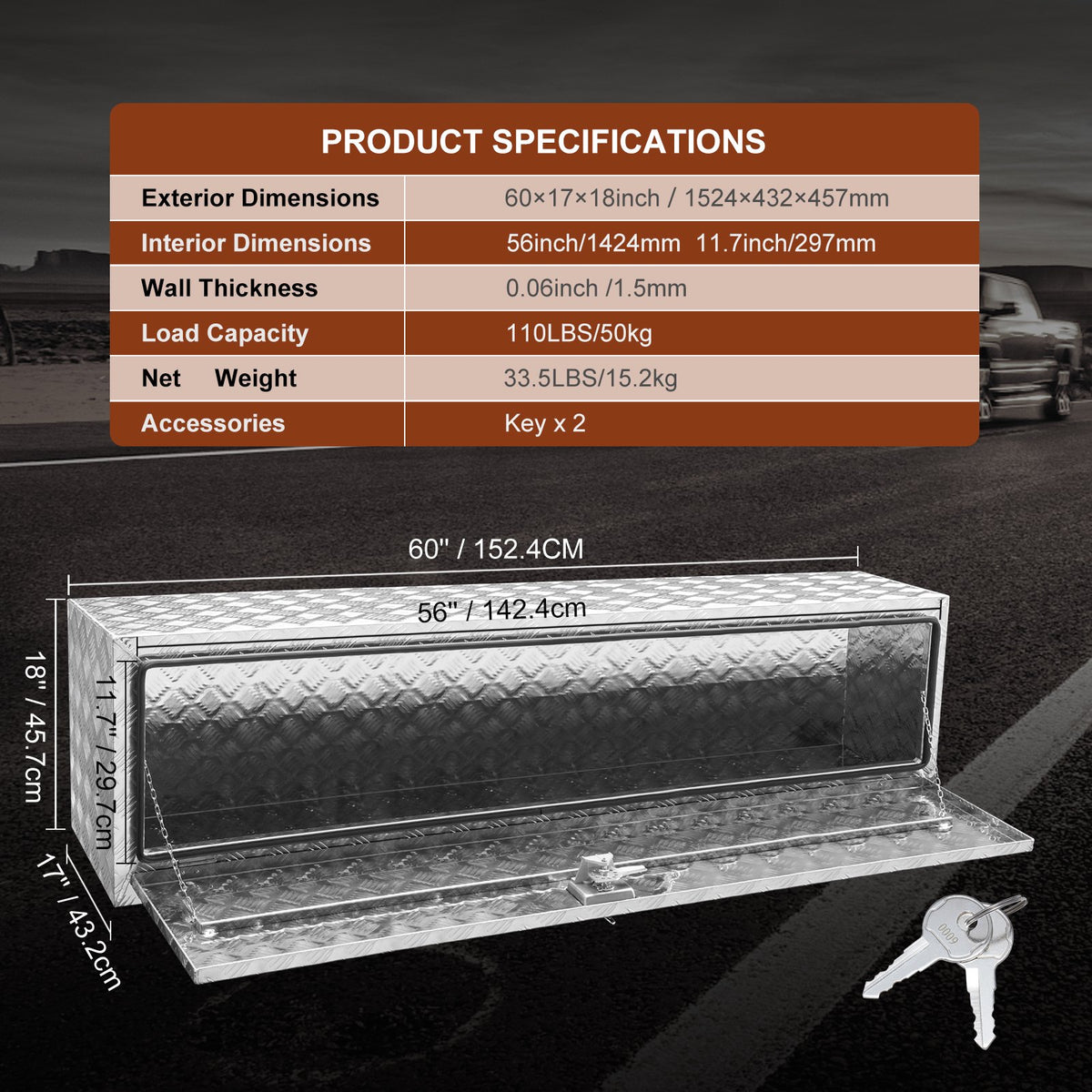 Underrede för lastbil, 152,4 x 43,2 x 45,7 cm förvaringslåda för pickuper, kraftig verktygslåda i diamantplåt i aluminium med lås och nycklar, vattentät förvaringslåda för släpvagn med T-handtag för lastbil, skåpbil, släpvagn