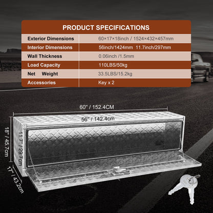 Underrede för lastbil, 152,4 x 43,2 x 45,7 cm förvaringslåda för pickuper, kraftig verktygslåda i diamantplåt i aluminium med lås och nycklar, vattentät förvaringslåda för släpvagn med T-handtag för lastbil, skåpbil, släpvagn