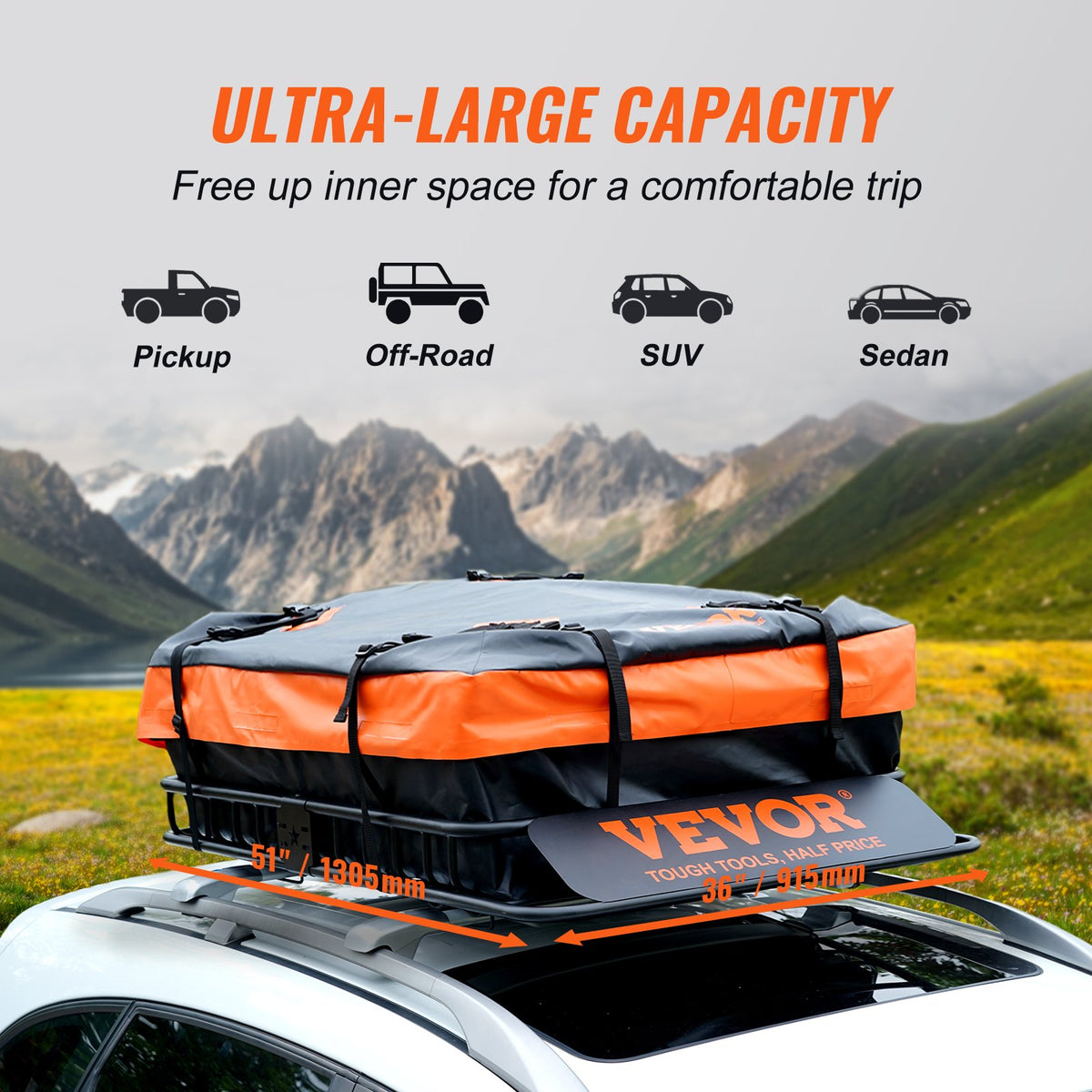 Roof Rack Cargo Basket, 130.5 x 91.5 x 12.7 cm Rooftop Cargo Carrier w/ 15 Cu Ft Waterproof Cargo Bag, 90 kg Capacity Universal Rack Carrier for SUV, Truck