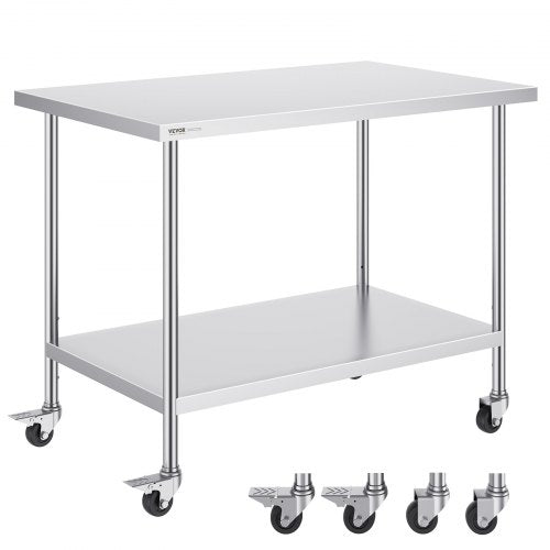 Arbetsbord i rostfritt stål 30 x 48 x 38 tum, med 4 hjul, 3 justerbara höjdnivåer, kraftigt arbetsbord för matlagning för storkök, restaurang, silver