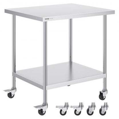 Arbetsbord i rostfritt stål 30 x 36 x 38 tum, med 4 hjul, 3 justerbara höjdnivåer, kraftigt arbetsbord för matlagning för storkök, restaurang, silver