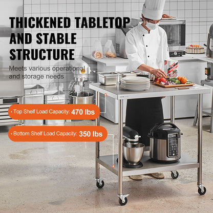 Arbetsbord i rostfritt stål 30 x 36 x 38 tum, med 4 hjul, 3 justerbara höjdnivåer, kraftigt arbetsbord för matlagning för storkök, restaurang, silver