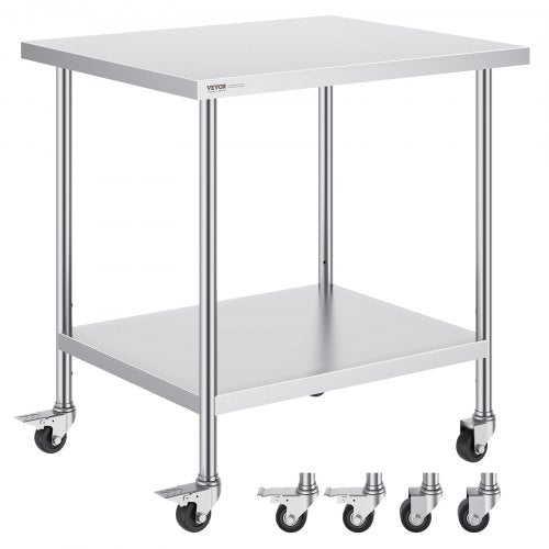 Arbetsbord i rostfritt stål 30 x 18 x 38 tum, med 4 hjul, 3 justerbara höjdnivåer, kraftigt arbetsbord för matlagning för storkök och restaurang, silver