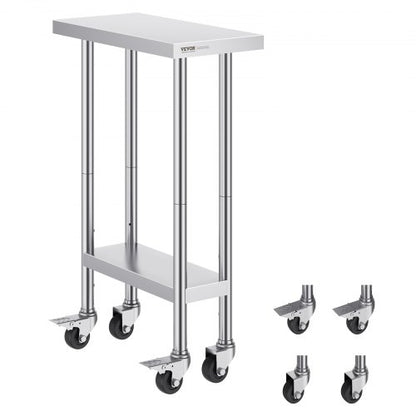 Arbetsbord i rostfritt stål 24 x 12 x 38 tum, med 4 hjul, 3 justerbara höjdnivåer, kraftigt arbetsbord för matlagning för storkök och restaurang, silver