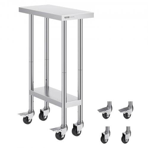 Arbetsbord i rostfritt stål 24 x 12 x 38 tum, med 4 hjul, 3 justerbara höjdnivåer, kraftigt arbetsbord för matlagning för storkök och restaurang, silver