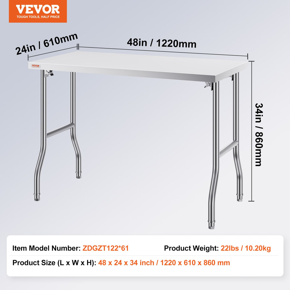 Commercial Worktable Workstation 48 x 24 Inch Folding Commercial Prep Table, Heavy-duty Stainless Steel Folding Table with 661 lbs Load, Kitchen Work Table, Silver Stainless Steel Kitchen Island