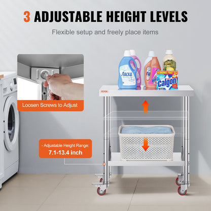 Rostfritt stål cateringbord 30x12 tums kommersiellt köksbord med 4 hjul kommersiell arbetsbänk för matlagning med flexibel justerbar hylla för köksbord