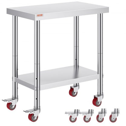 Rostfritt stål cateringbord 30x18 tums kommersiellt köksbord med 4 hjul kommersiell arbetsbänk för matlagning med flexibel justeringshylla för köksbord