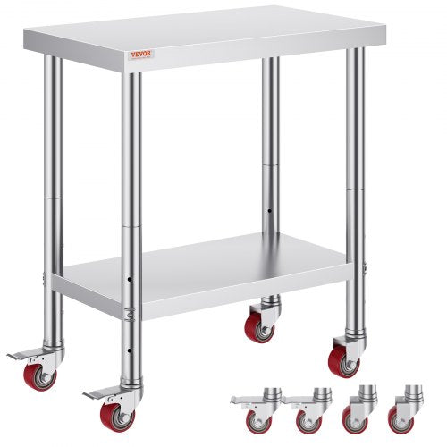 Rostfritt stål cateringbord 30x18 tums kommersiellt köksbord med 4 hjul kommersiell arbetsbänk för matlagning med flexibel justeringshylla för köksbord