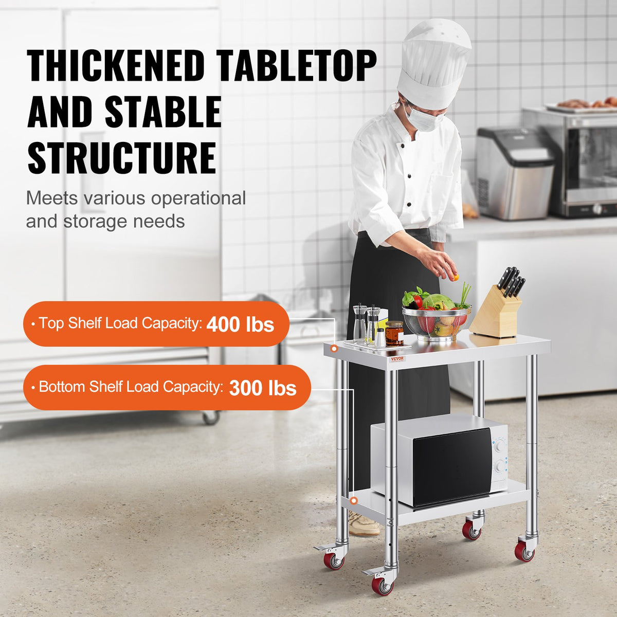 Rostfritt stål cateringbord 30x18 tums kommersiellt köksbord med 4 hjul kommersiell arbetsbänk för matlagning med flexibel justeringshylla för köksbord